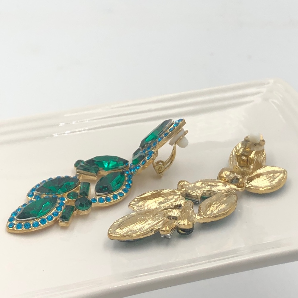 Green Rhinestone Clip On Dangle Earrings - Picture 2 of 4